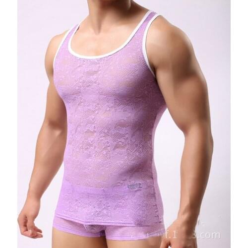 Sexy Men Lace See-Through Tank Top Sgeer Transparent Vest GridS Sexy Lingerie Undershirt Strong Blouses Vest Bottom Gay Wear