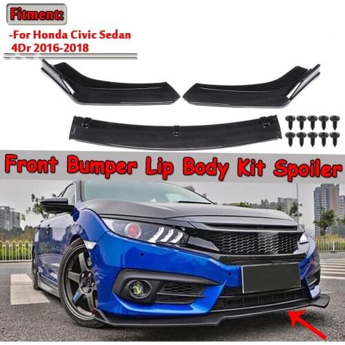 New 3pcs Carbon Fiber Look / Black Car Front Lower Bumper Lip Spoiler Body Kit For Honda For Civic Sedan 4Dr 2016 2017 2018