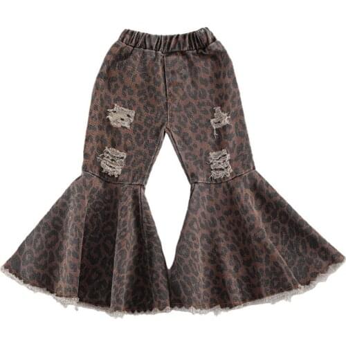 New 1-6 Years Toddler Girls Flare Pants Stylish Leopard Printed Bell Bottoms Pants Fall Clothes Hole Trousers