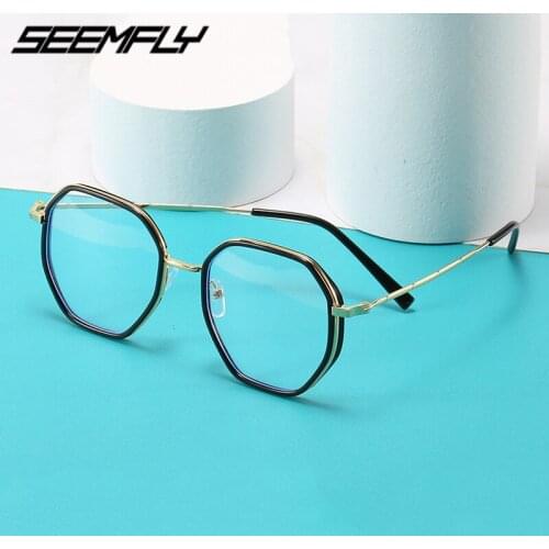 Seemfly Metal Polygon Frame Finished Myopia Glasses Anti Blue Light Fashion Men Women Clear Lens Eyeglasses Computer Goggle 2020