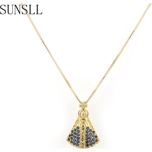 SUNSLL New Golden Copper Simple Style Blue Cubic Zirconia Tiny Pendant Necklace for Women fashion Jewelry Gift Feminina Colar