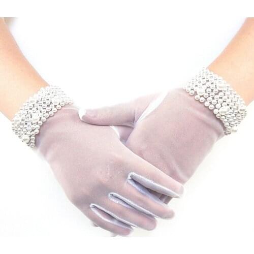 Sexy Female Etiquette Performance Flower Pearl Lace Tulle Sunscreen Mittens Short Women Princess Dress Dance Sun Gloves J42