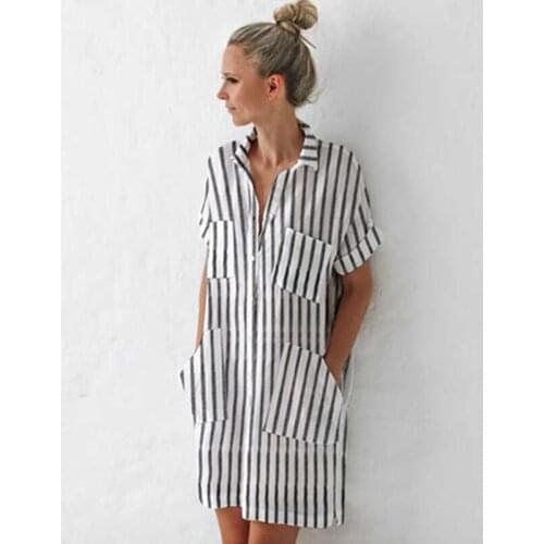 Casual Loose Plus Size Striped Shirt Dress With Pocket V-Neck Short Sleeve Comfortable Dresses Daily Commute Wear Wholesale