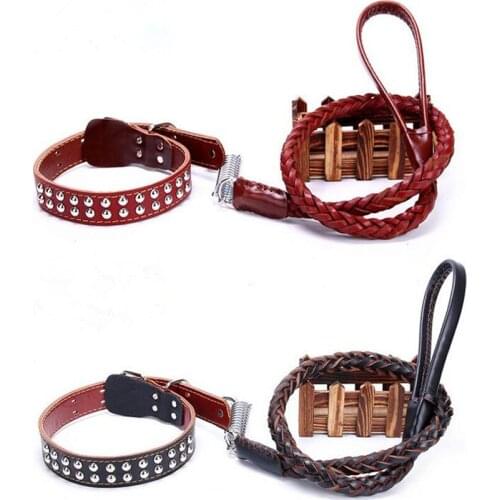 Durable Dog Collar Leash Leads Sets Original Cowhide Leather Pet Chain 4 Colors Neck Strap For Small/Medium/Large Dogs Satsuma