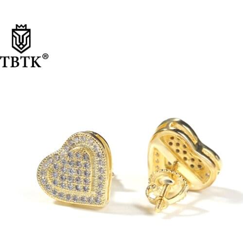 TBTK Double Layer Heart Shape Stud Earring Paved Cubic Zirconia 925 Sterling Silver Earring Fashion Hiphop Jewelry