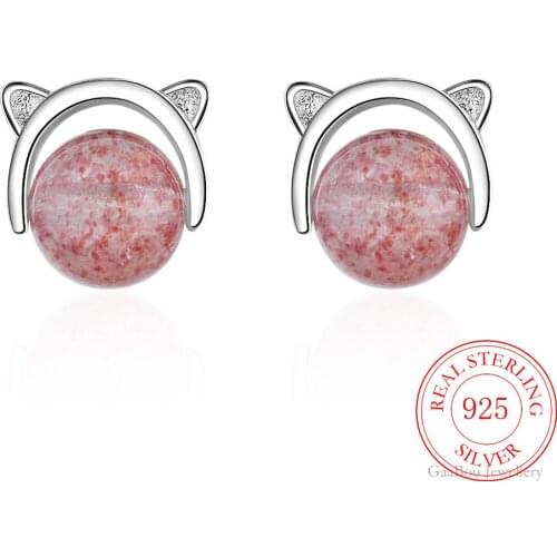 High Quality 925 Sterling Silver Earrings Strawberry Quartz Crystal Charm Trilaterale Studs Earring Women Girl Jewelry Wedding