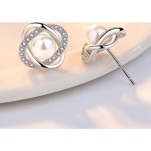 S925 Silver Earring Pearl and CZ Flower Linked Together Stud Earring For Women Wedding Gift Lady Girl Fashion Zircon Jewelry