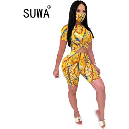 Print jogger womens two piece lounge wear matching set fitness t-shirt tunic + skinny shorts chic suit summer clothing