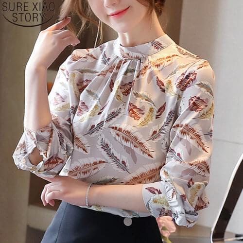 Fashion Feather Print Long Sleeve Women Tops 2021 Autumn Fashion Women Chiffon Blouses Elegant Casual Silk Shirt Blusas 10743