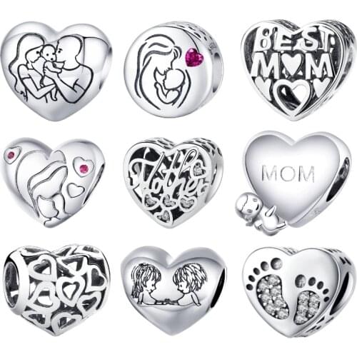 BISAER 925 Sterling Silver Charms For Women Family Love Heart Charms Bead For Original Bracelet Bangle DIY Jewelry Making EFC493
