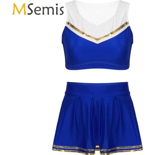 Womens Girls Carnival Cheerleader Costume Uniform Outfit V Neck Vest Crop Top with High Waist Pleated Skirt Cheerleading Clothes