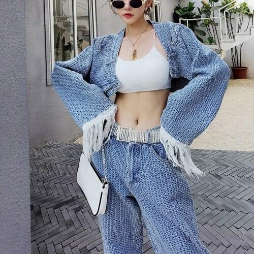 2021 Womens Long-sleeved Two-piece Set with Fringed High-waist Short Denim Womens Autumn New Fashion Straight Jeans Suit