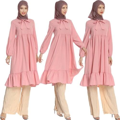 Two Piece Abaya Muslim Women Casual Set Pleated Long Sleeve Dress Bow Tops Blouse Arab Pants Islam Clothing Jilbab Turkish Robs