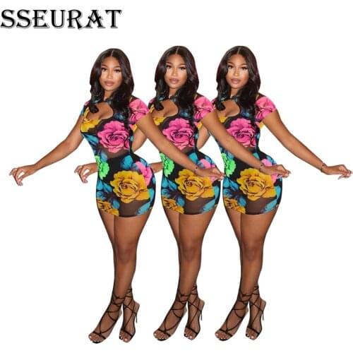 SSEURAT Women Mesh Flowers Print See Though Bodycon Midi Mini Dress Sexy Club Party Short Sleeve Pencil Dresses