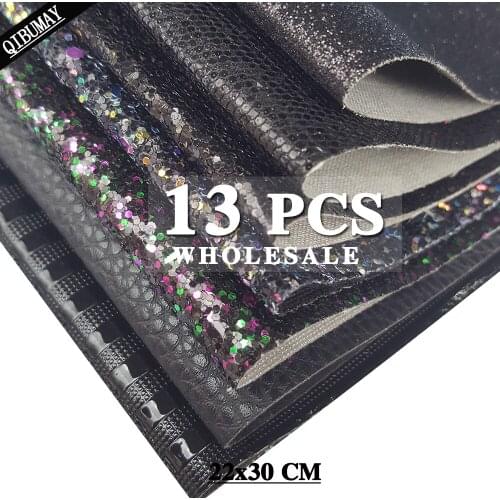 QIBU 22*30cm 13pcs Black Faux Leather Sheets Chunky Glitter Fabric Material A4 PU Leather DIY Hair bow Earring Bags Accessories