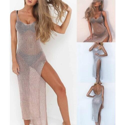 2021 Fashion Sexy Club Style Summer Womens Dress Net Yarn Perspective Backless Round Neck Sleeveless Beach Sling Midi Dress