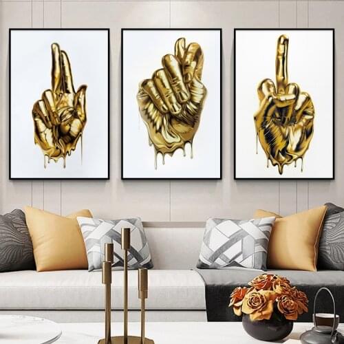 Abstract Metal Gold Middle Finger Statue Canvas Painting Posters and Prints Modern Wall Art Picture Interior Decoration for Home