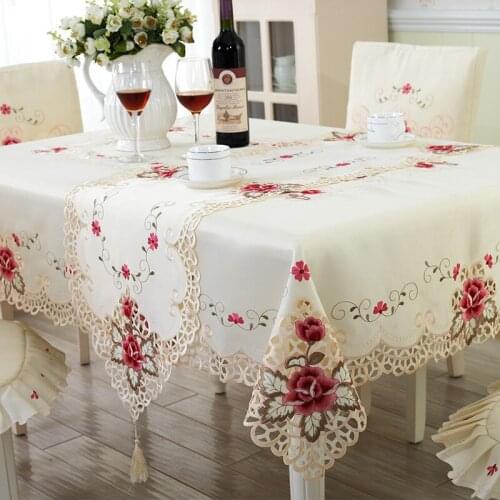 BZ307 Europe Polyester Tablecloth Embroidered Floral Hollow Table Cover Rectangular Elegant Home Party Wedding Decoration