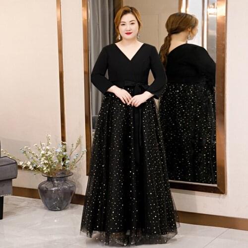 Black Sequins A-Line Evening Dress Full Sleeves Empire Bow Sash Fashion Floor-Length V-Neck Plus Size Women Formal Gowns D862