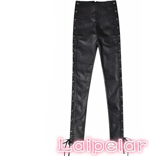 Black PU Leather Pants Women Lace Up High Waist Pants Zipper Motorcycle Pencil Pants Punk Rock Long Trousers Streetwear