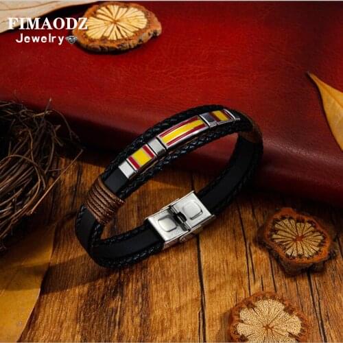 FIMAODZ Hot Sale Spain Flag Bracelet Men Black Leather Retro Stainless Steel Bracelets Fashion Jewelry for Friend Gift