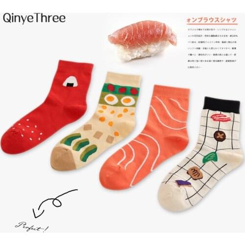 Cartoon Japanese cuisine foods socks hipster creative life cotton sokken funny sushi BBQ salad salmon patterned socks Dropship