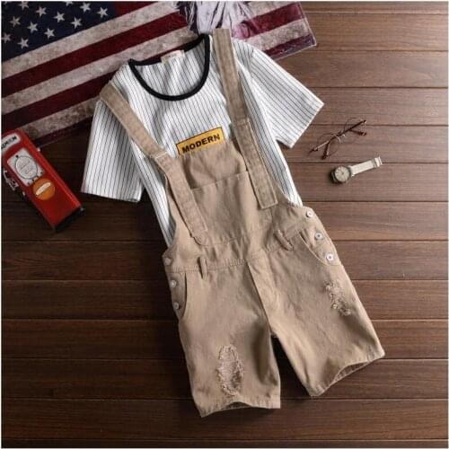Men Cotton Blend Dungarees Overalls Braces Ripped Casual Shorts Knee Length Summer