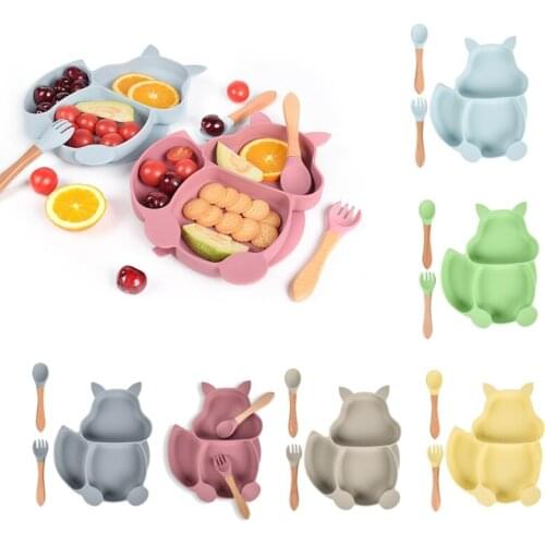 Nordic BPA Free Silicone Non-slip Squirrel Shape Sucker Training Plate Bowl Baby Shower Gift Fork Spoon Feeding Set Infant G99C