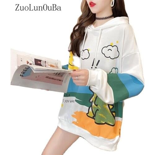 Autumn Winter Women Casual Hoodie Sweatshirt Cartoon Dinosaur Print Harajuku Pullover Long Sleeved Fleece Stitching Loose Hoodie