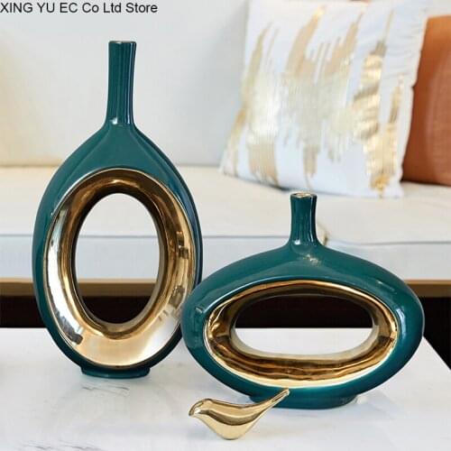 Oval Green Ceramic Vase Living Room Flower Arrangement Accessories Modern Home Decoration Vase Decoration Electroplating Process
