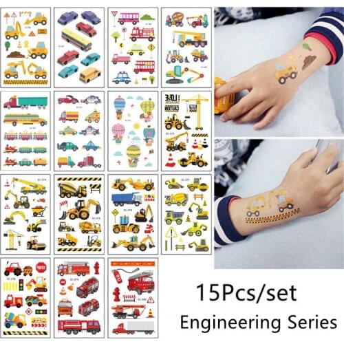 15Pcs/Set Lovely Engineering Vehicle Water Transfer Waterproof Temporary Tattoo Stickers For Children Boy Girl Gift Fake Tattoos