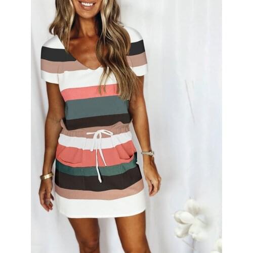Casual Dress With Pockets Womens Summer Striped Print Bandage Mini Dresses Plus Size v-neck Short Sleeve Dress Outer Wear
