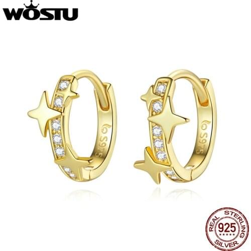 WOSTU 925 Sterling Silver Star Wish Round Gold Color Stud Earrings for Women CZ Circle Fine Earrings Jewelry Brincos BNE076-B