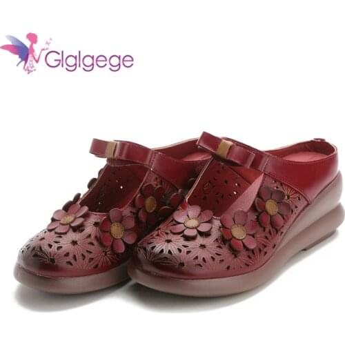 Glglgege Genuine Leather Bohemian Luxury Slippers Women Shoes Vintage Handmade Flower Summer Beach Slippers Slides Wedge Heels