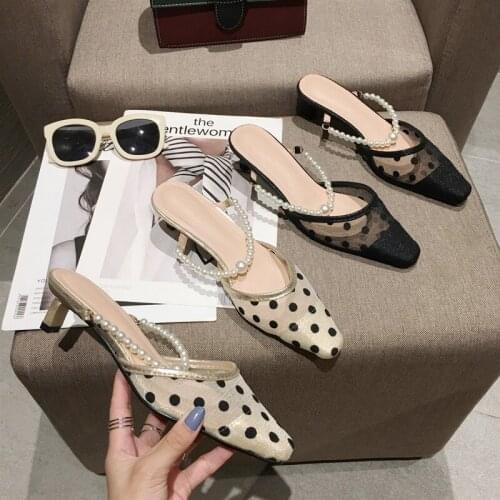 Sexy lace dot print slippers women small square toe ankle pearl band slides shoes woman strange kitten heels mules slipper women