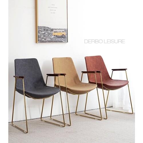 Modern Classic Nordic Fashion Wood Metal Design Loft Style Gold Color Leg Golden PU Leather Pad Dining Arm Side Cafe Chair 1PC