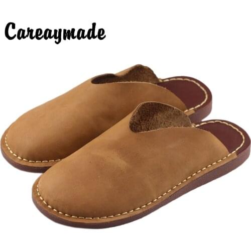 Careaymade-Head Layer Cowskin Slipper Sandals Women Flat-soled Shoes Womens Retro Literary Semi-slipper Handmade Shoes
