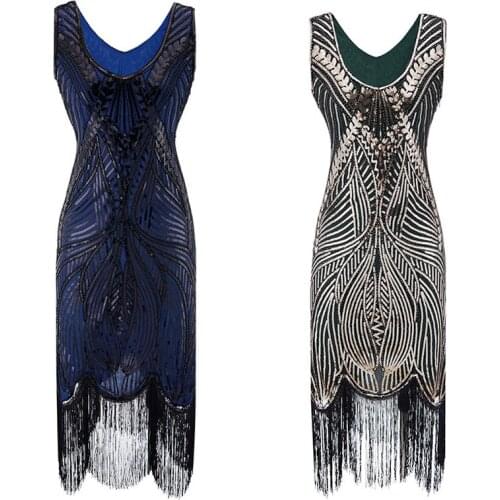 Vintage Womens Sequin dress Beaded tassel dress V-neck foreign trade evening dress Sequin Dress Bridesmaid Dress