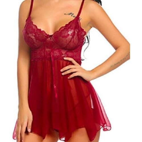 Women Big Size Lace Charming Underwear Sexy Sleepwear Front Slit Nightdress Nightgown