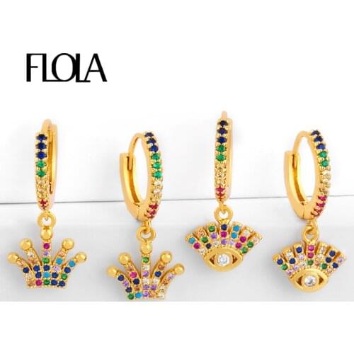 FLOLA Rainbow Greek Eye Earrings Woman CZ Crown Earrings Huggie Gold Filled Eye Jewelry Anti Allergy pendientes pequenos ersr86
