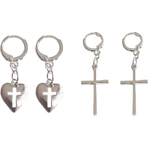 Korean Style Jewelry Silver Color Hollow Love Heart Cross Dangel Drop Earrings For Women Femme Brincos