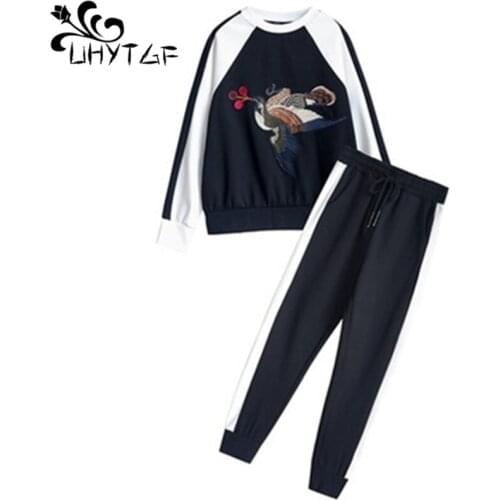 UHYTGF Lady tracksuit 2 pieces sets Cute girl thin autumn sporty set woman two pieces Casual top + pants Elegant black sets 1475