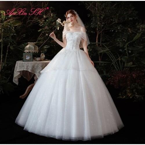 AnXin SH princess french retro flower white lace wedding dress vintage boat neck beading crystal ruffles bride wedding dress