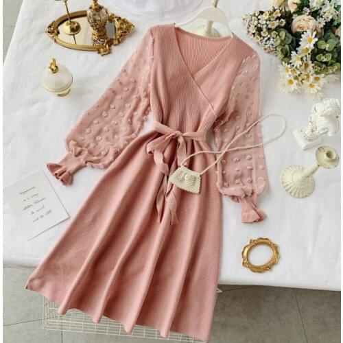 Womens spring autumn v neck chiffon sleeve patchwork knitted dress female fashion belt A-line dress TB752