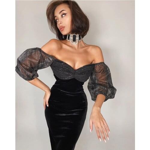 Women Spring Sexy Off Shoulder Short Sleeve Velvet Glitter Midi Black Lady Dress 2021 Elegant Evening Party Dress Vestidos