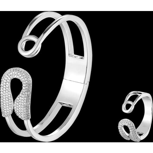 Zlxgirl luxury brand pave cubic zircon pins shape bracelet ring jewelry sets fine women new year Gold bangle with ring gifts