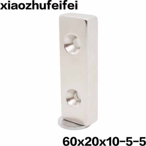 N52 10PCS Strong Neodymium magnets Block 60 x 20 x 10 mm Magnet Countersunk 2 Holes 5mm