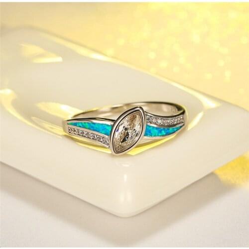 Cute Female White Crystal Zircon Stone Ring Charm Silver Color Wedding Rings For Women Bridal Blue Opal Engagement Ring