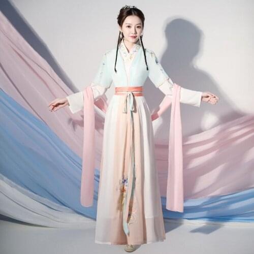 Chinese traditional hanfu festival party dress floral embroidered clothing elegant folk dance costume princess stage wear