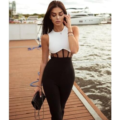 High Street Women Fashion Sexy Sleeveless O Neck Mesh Patchwork Black Bodycon Jumpsuit 2020 Celebrity Designer Top Rompers